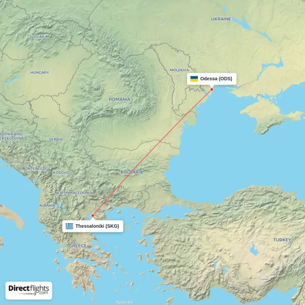Odessa - Thessaloniki direct flight map