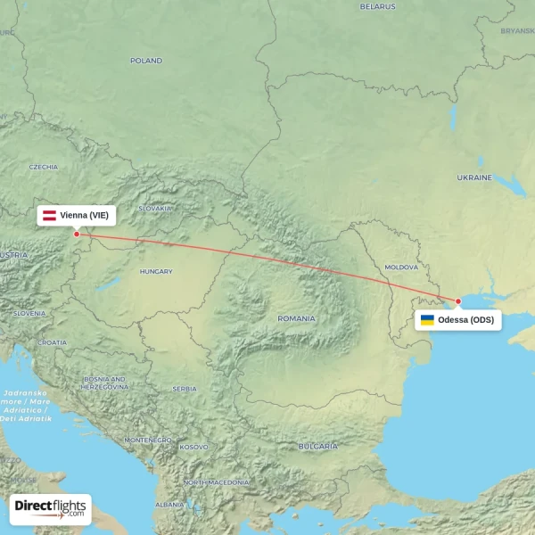 Odessa - Vienna direct flight map