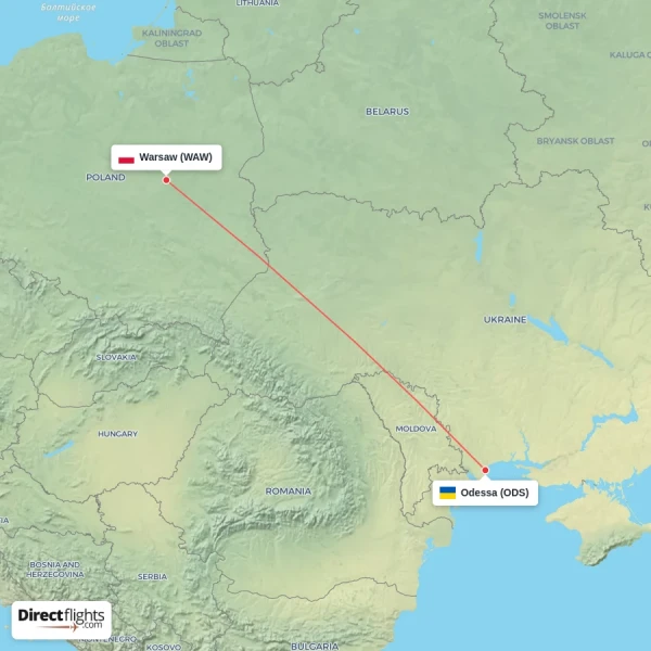 Odessa - Warsaw direct flight map