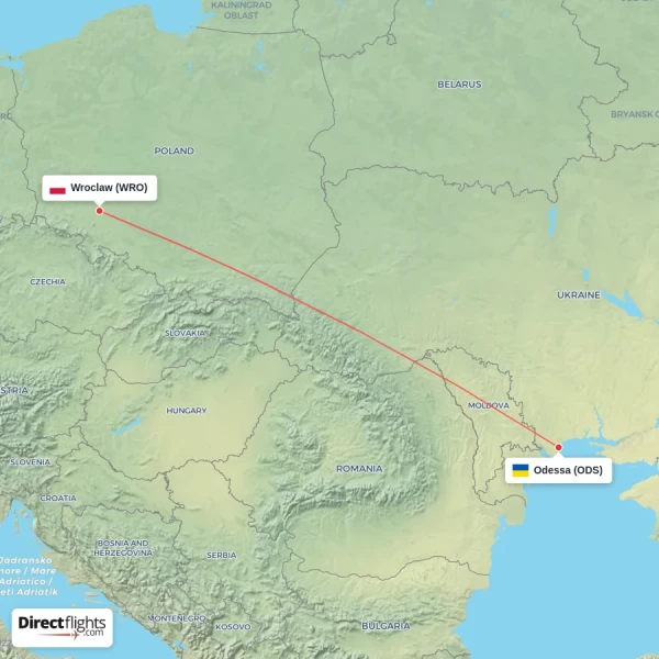 Odessa - Wroclaw direct flight map