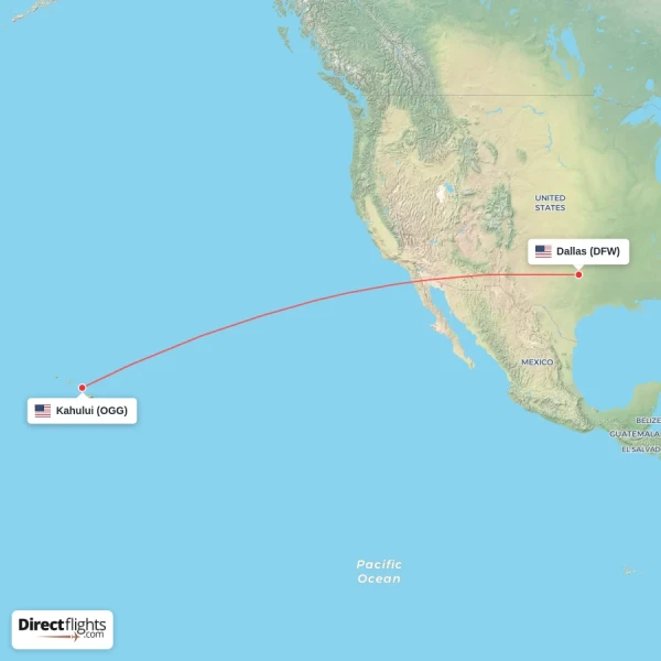 Kahului - Dallas direct flight map