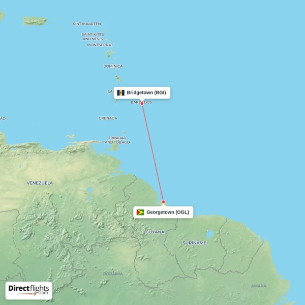 Georgetown - Bridgetown direct flight map