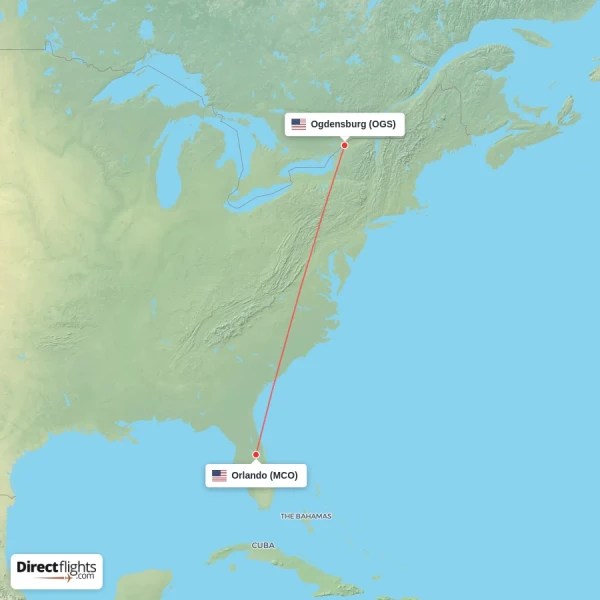 Ogdensburg - Orlando direct flight map