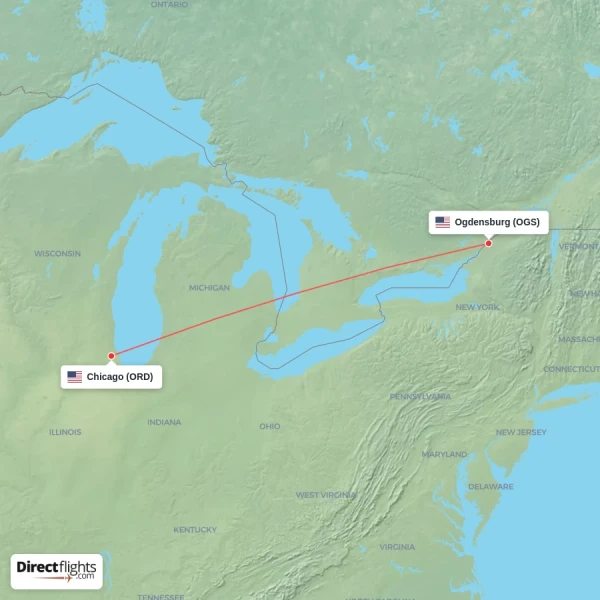 Ogdensburg - Chicago direct flight map