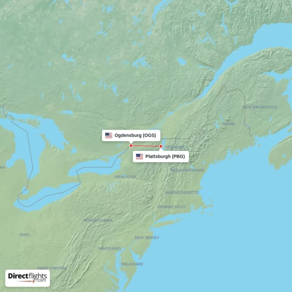 Ogdensburg - Plattsburgh direct flight map