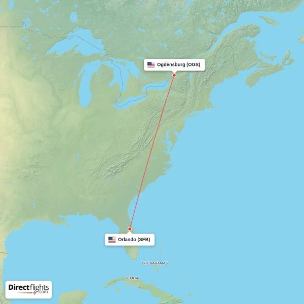 Ogdensburg - Orlando direct flight map