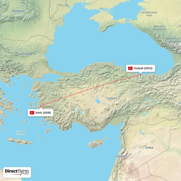 Gulyali - Izmir direct flight map
