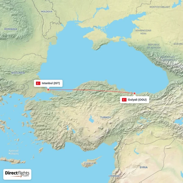 Gulyali - Istanbul direct flight map