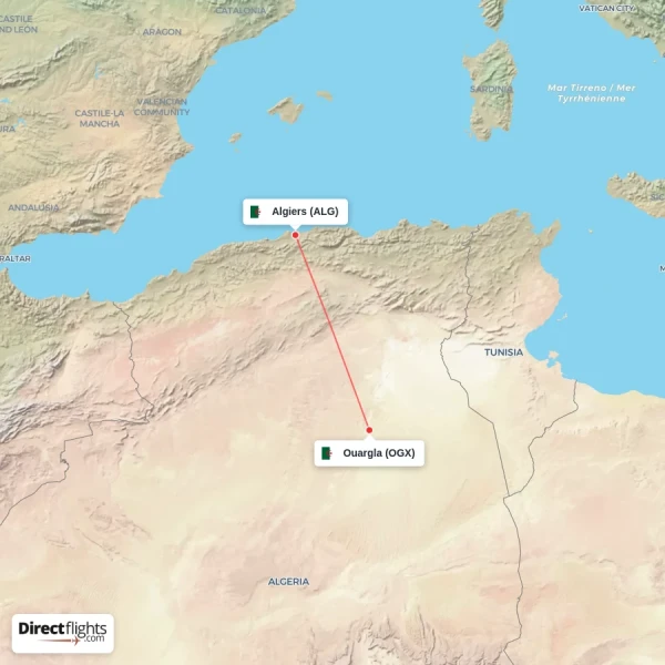 Ouargla - Algiers direct flight map