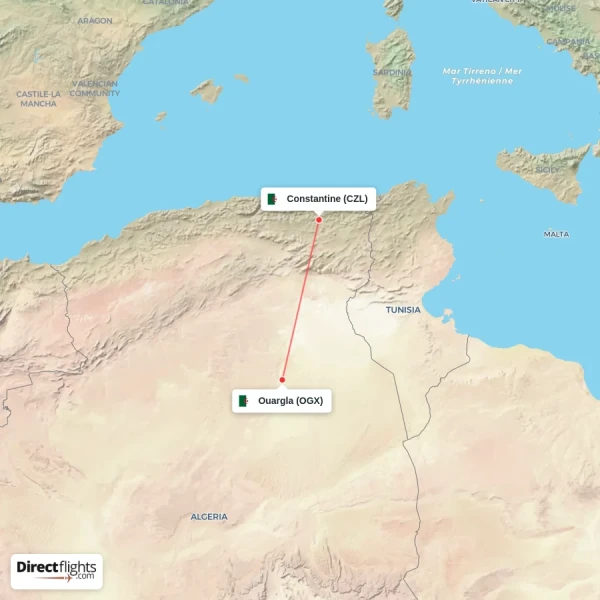 Ouargla - Constantine direct flight map