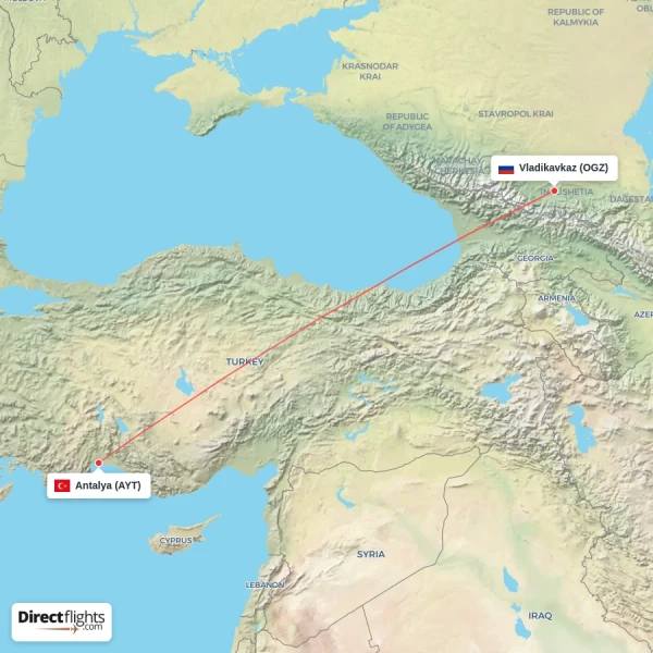 Vladikavkaz - Antalya direct flight map