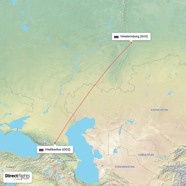 Vladikavkaz - Yekaterinburg direct flight map