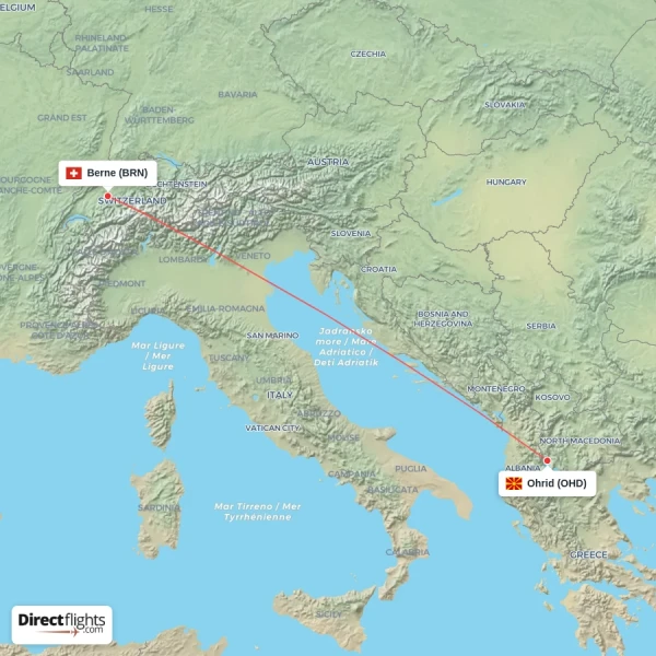 Ohrid - Berne direct flight map