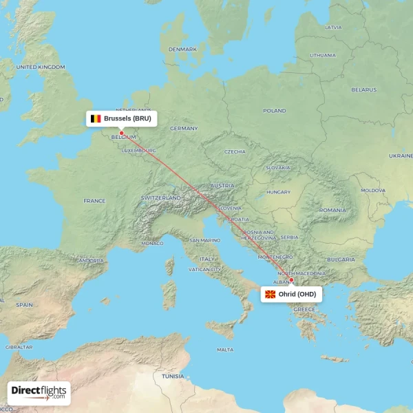 Ohrid - Brussels direct flight map