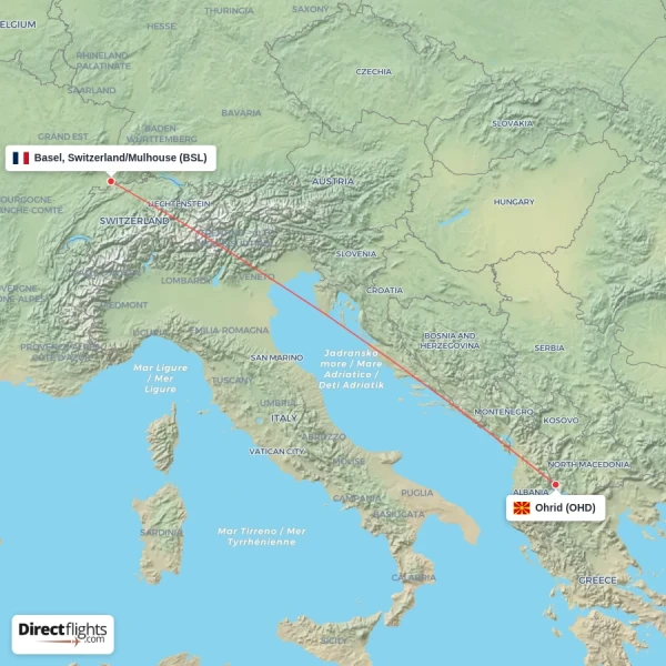 Ohrid - Basel, Switzerland/Mulhouse direct flight map