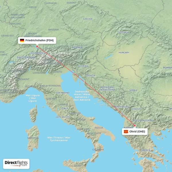 Ohrid - Friedrichshafen direct flight map