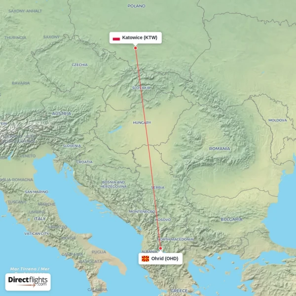 Ohrid - Katowice direct flight map