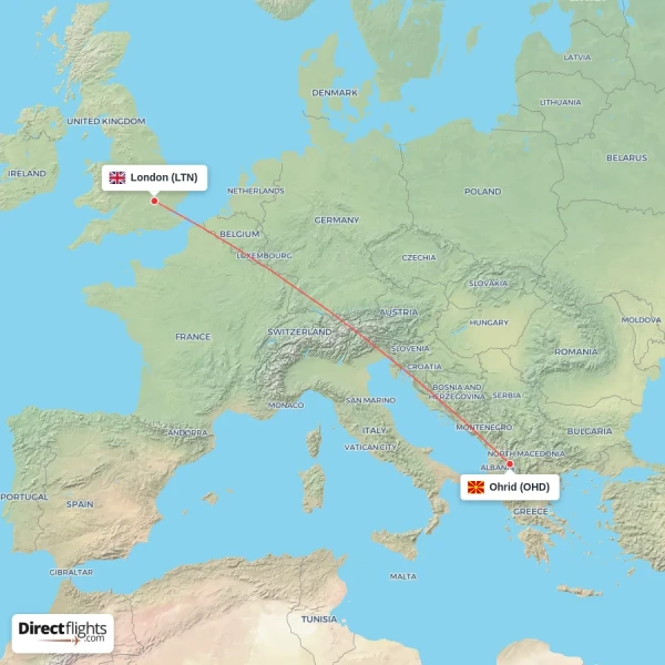 Ohrid - London direct flight map