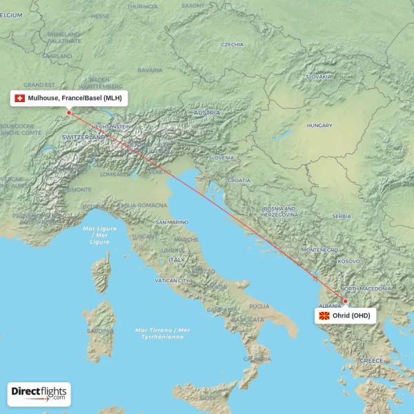 Ohrid - Mulhouse, France/Basel direct flight map