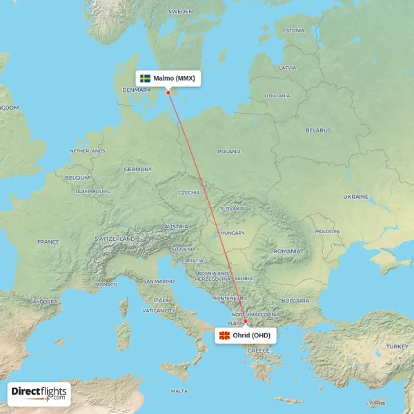 Ohrid - Malmo direct flight map