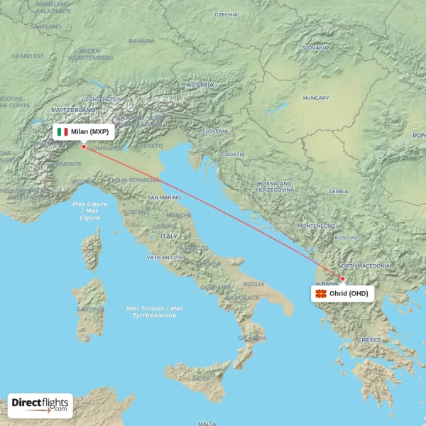Ohrid - Milan direct flight map
