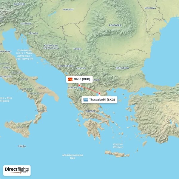 Ohrid - Thessaloniki direct flight map