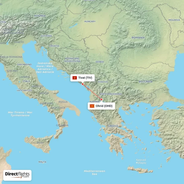 Ohrid - Tivat direct flight map