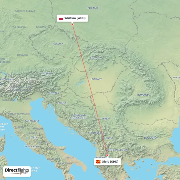 Ohrid - Wroclaw direct flight map