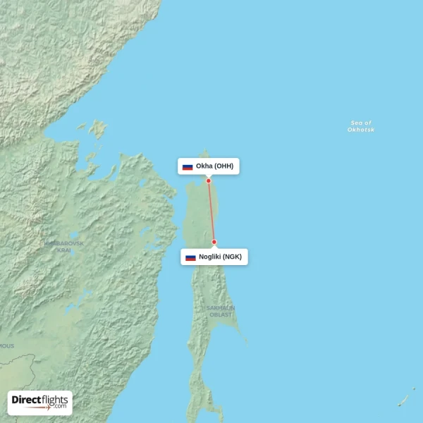 Okha - Nogliki direct flight map