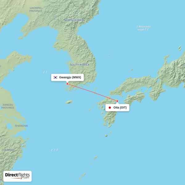 Oita - Gwangju direct flight map