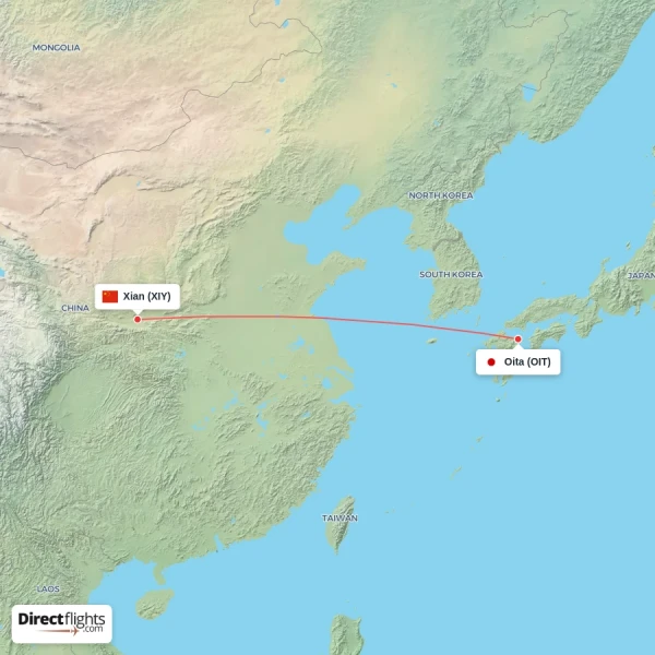 Oita - Xian direct flight map