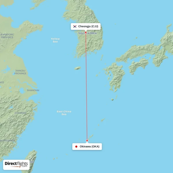Okinawa - Cheongju direct flight map