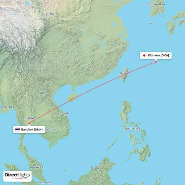 Okinawa - Bangkok direct flight map