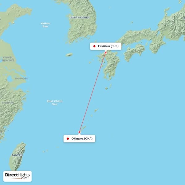 Okinawa - Fukuoka direct flight map