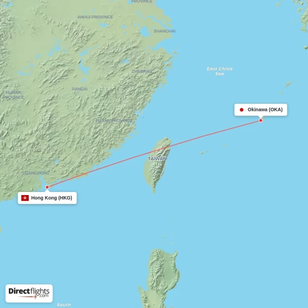 Okinawa - Hong Kong direct flight map