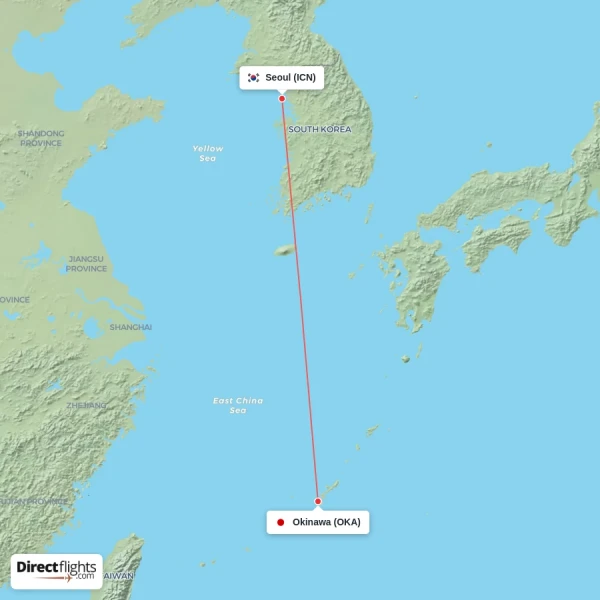 Okinawa - Seoul direct flight map