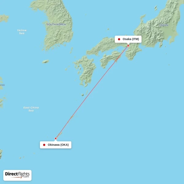 Okinawa - Osaka direct flight map