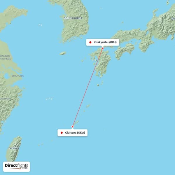 Okinawa - Kitakyushu direct flight map