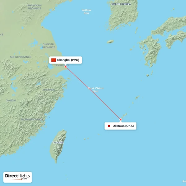 Okinawa - Shanghai direct flight map
