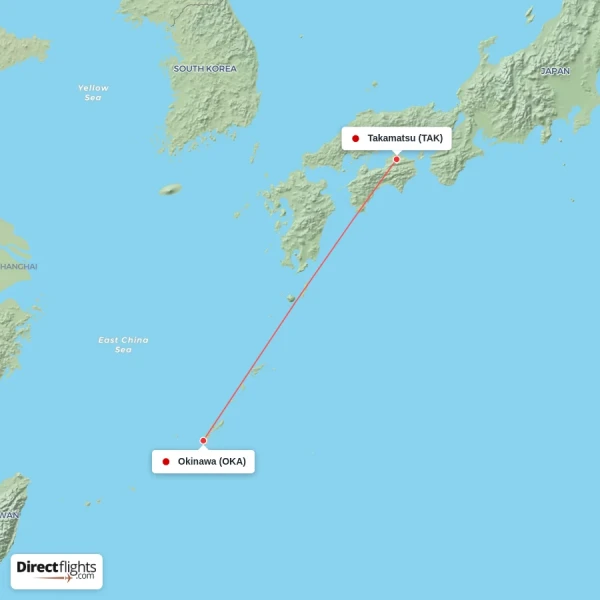 Okinawa - Takamatsu direct flight map