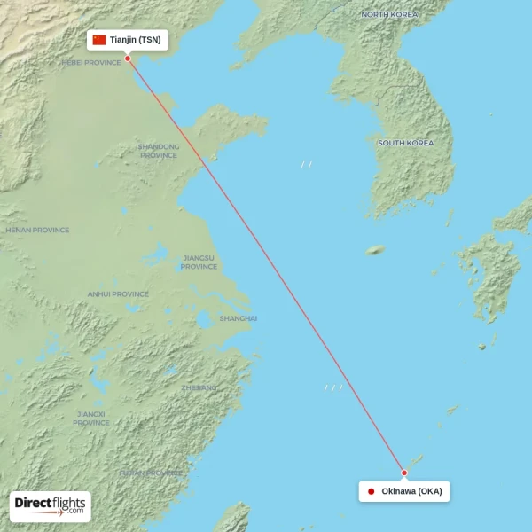 Okinawa - Tianjin direct flight map