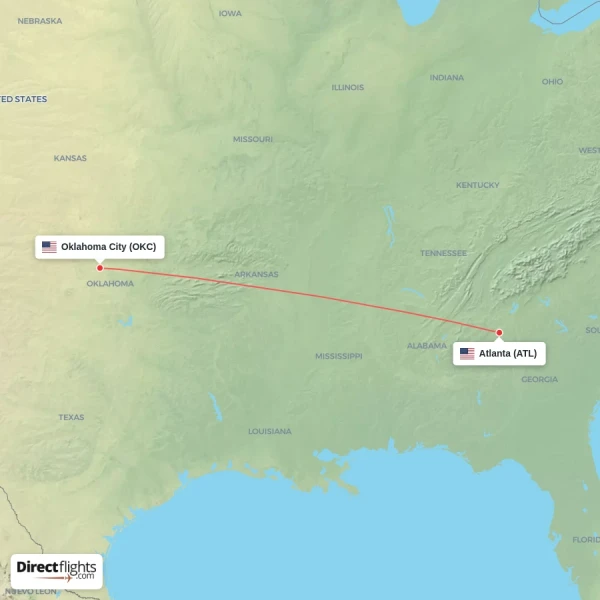 Oklahoma City - Atlanta direct flight map