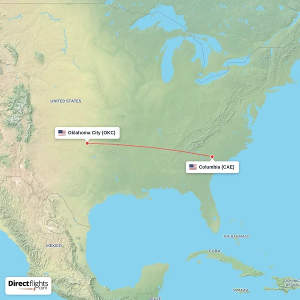Oklahoma City - Columbia direct flight map