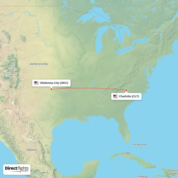 Oklahoma City - Charlotte direct flight map