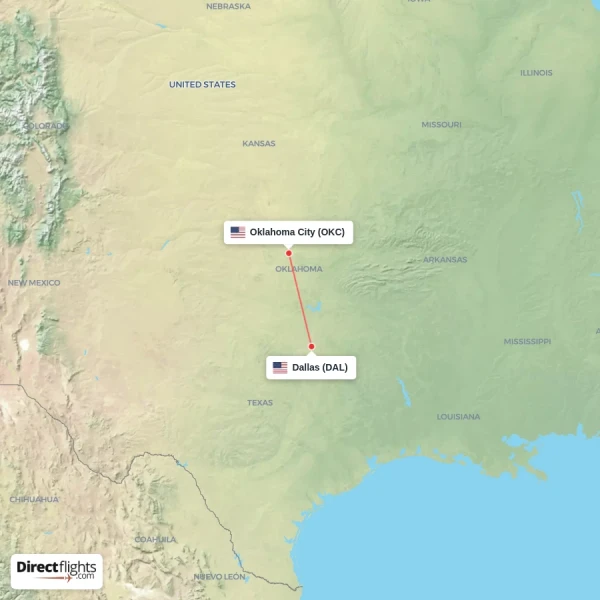 Oklahoma City - Dallas direct flight map