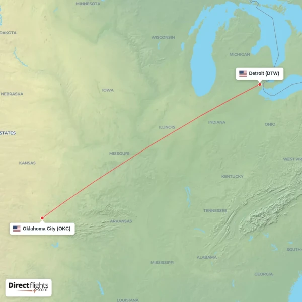 Oklahoma City - Detroit direct flight map