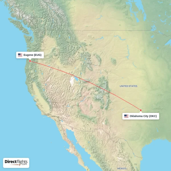 Oklahoma City - Eugene direct flight map