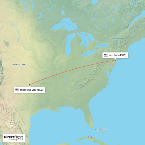 Oklahoma City - New York direct flight map