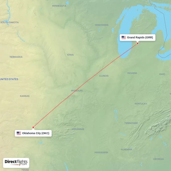 Oklahoma City - Grand Rapids direct flight map