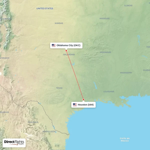 Oklahoma City - Houston direct flight map